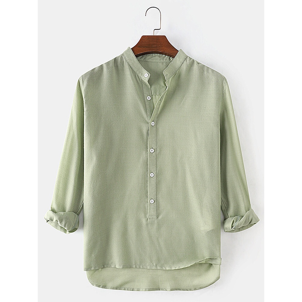 Mens Solid Color Cotton Half Open Collar Long Sleeve Simple Henley Shirts - Blue S