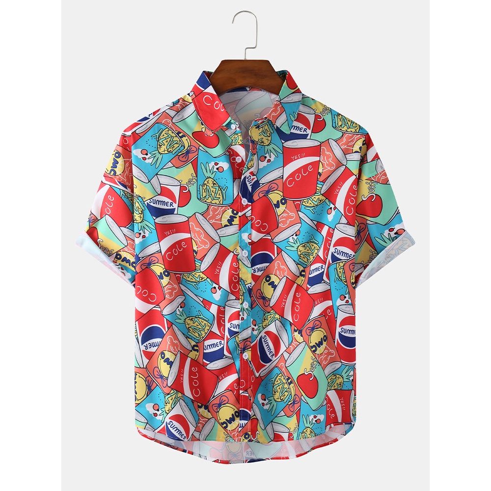 Mens Cartoon Soda Can Print Lapel Collar Funny Short Sleeve Shirts - Red XL