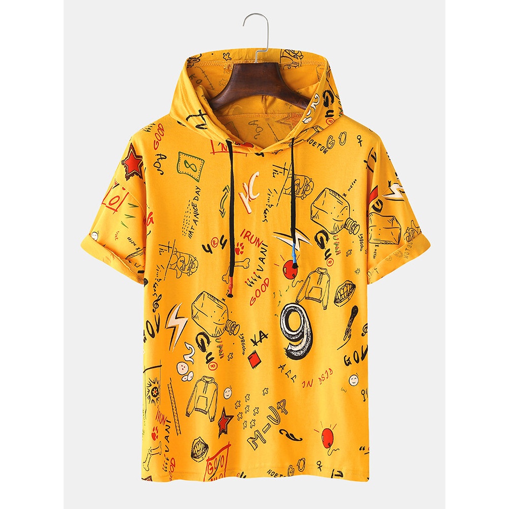 Mens Funny Cartoon Graffiti Print Hooded Short Sleeve Casual T-Shirts - White 2XL