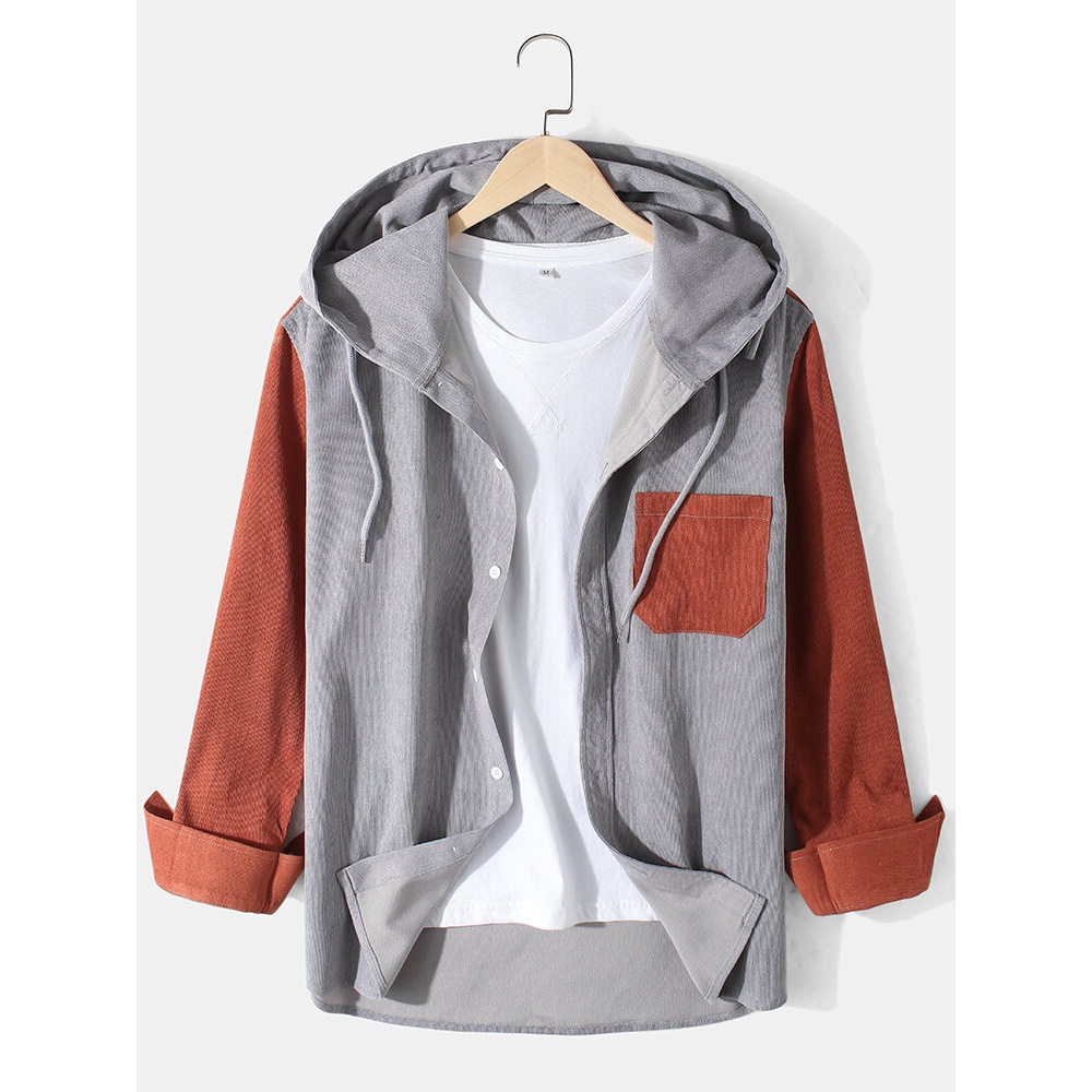 Mens Corduroy Patchwork Chest Pocket Long Sleeve Casual Hooded Shirts - Grey S