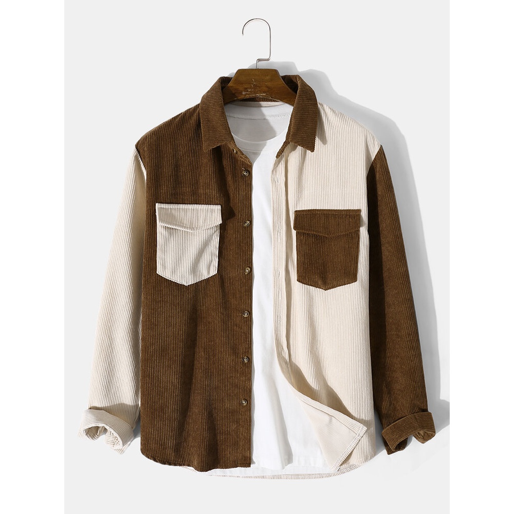 Mens Corduroy Two Tone Patchwork Long Sleeve Shirts - Brown S