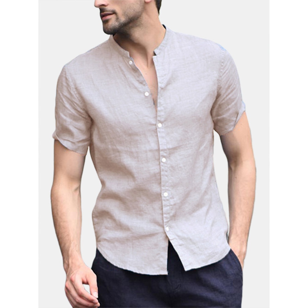 Men Linen Short Sleeve Shirt Beach Loose Soft Casual Collarless Shirt Tops Blouse - S Beige