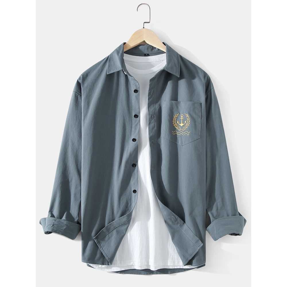 Mens Solid Color Embroidery Pocket Button Up Long Sleeve Simple Cotton Shirts - White L