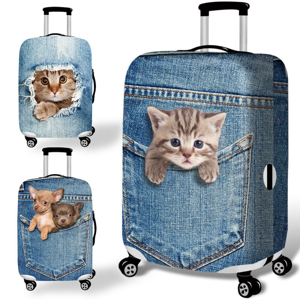 Honana Denim 3D Cute Cat Dog Elastic Luggage Cover Trolley Case Cover Warm Travel Suitcase Protector - M 5