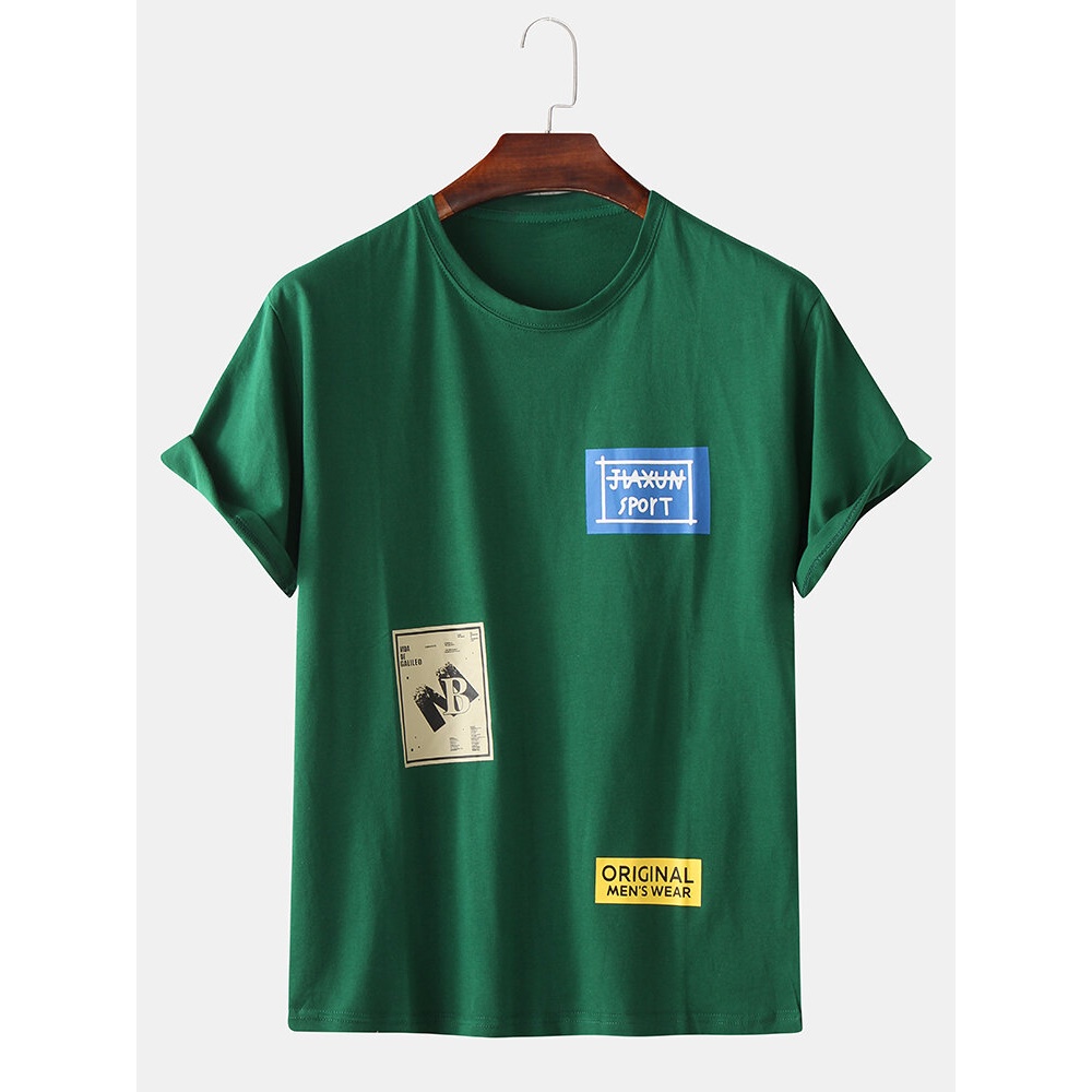 Men Casual Creative Box Letter Print Crew Neck Loose Short Sleeve T-Shirts - Dark Green L