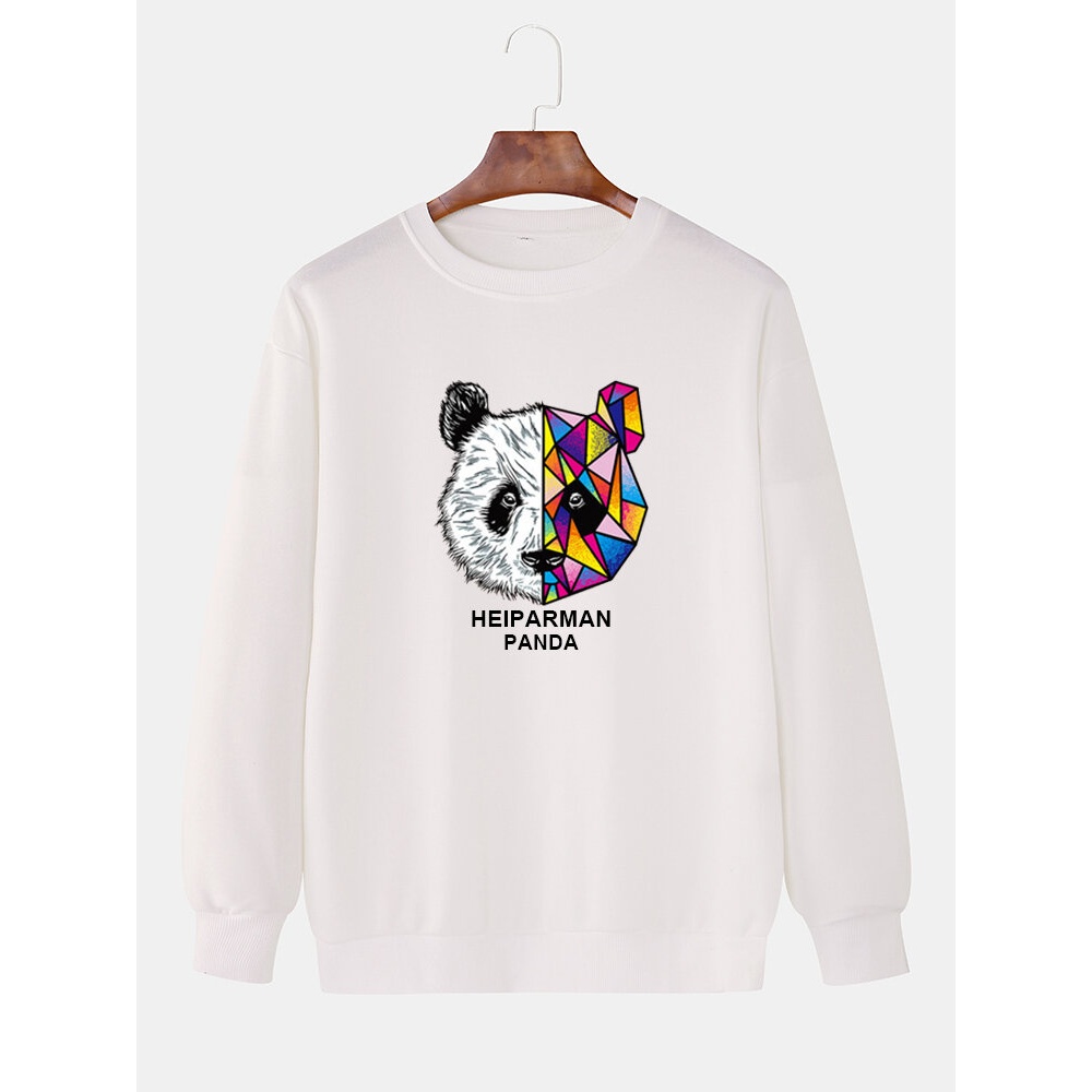Mens Cartoon Geometry Panda Print Cute Pullover Sweatshirts - White M