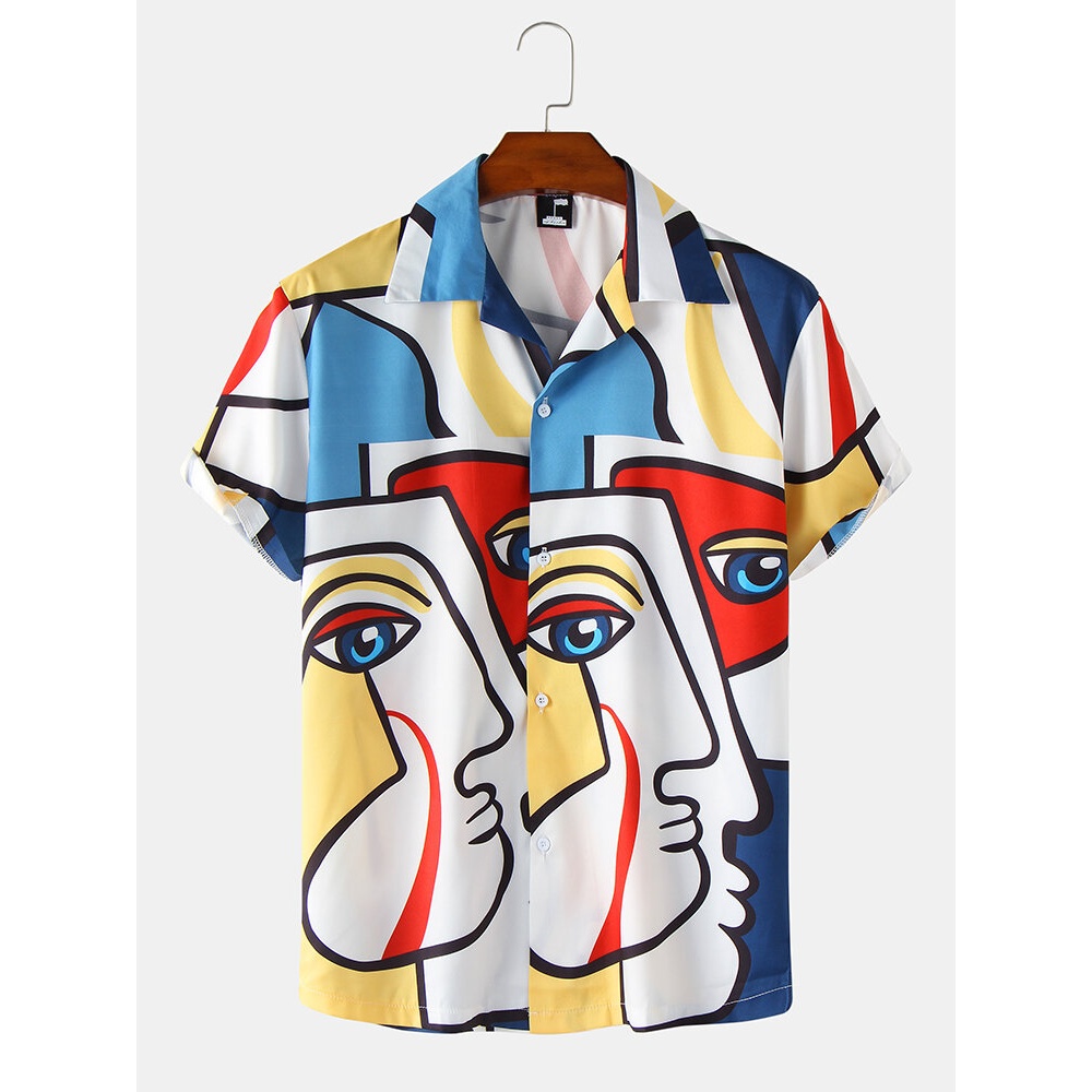 Mens Funny Colorful Abstract Face Printed Revere Street Shirts - Multicolor M