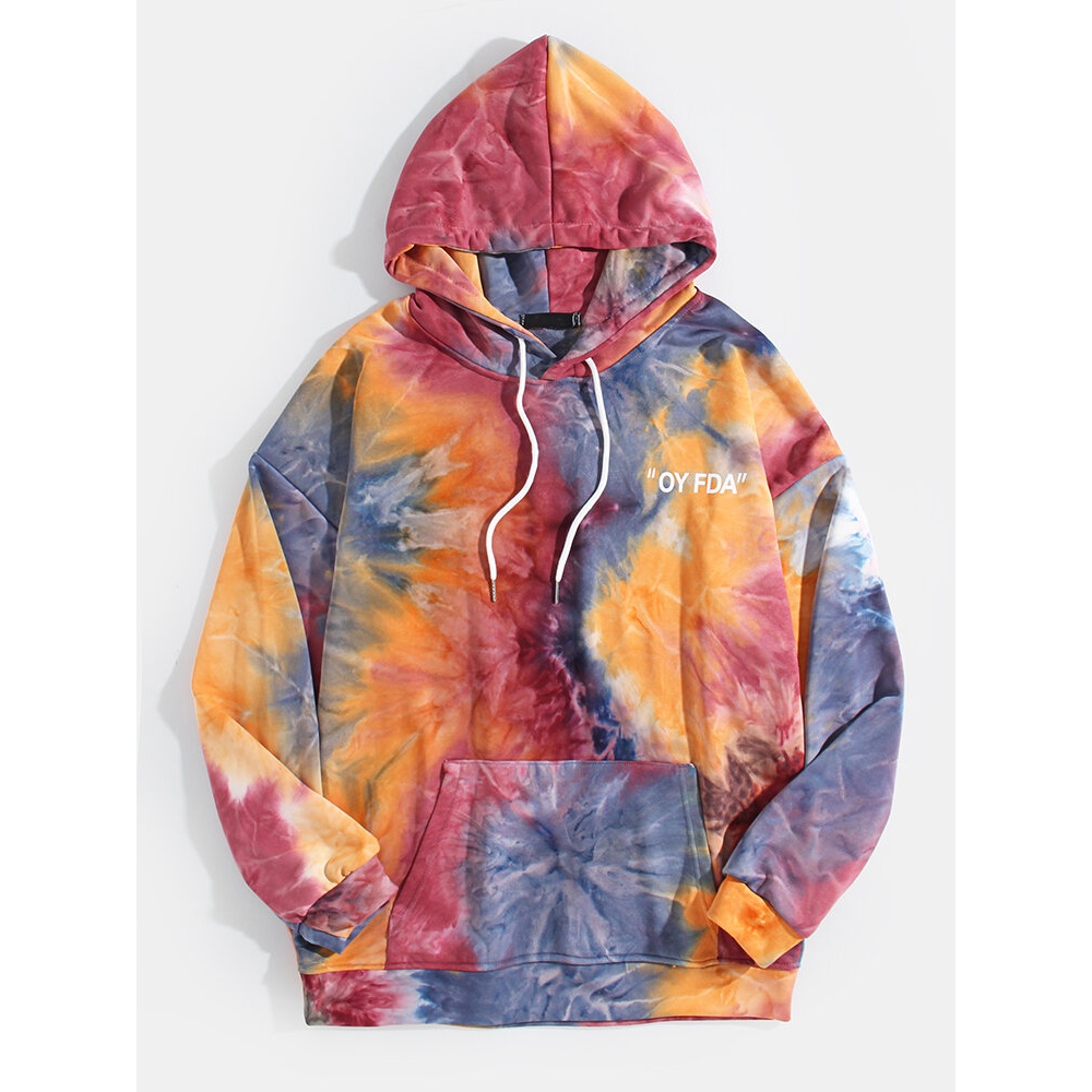 Mens Colorful Tie Dye Drop Shoulder Pocket Warn Hoodies - Red 4XL