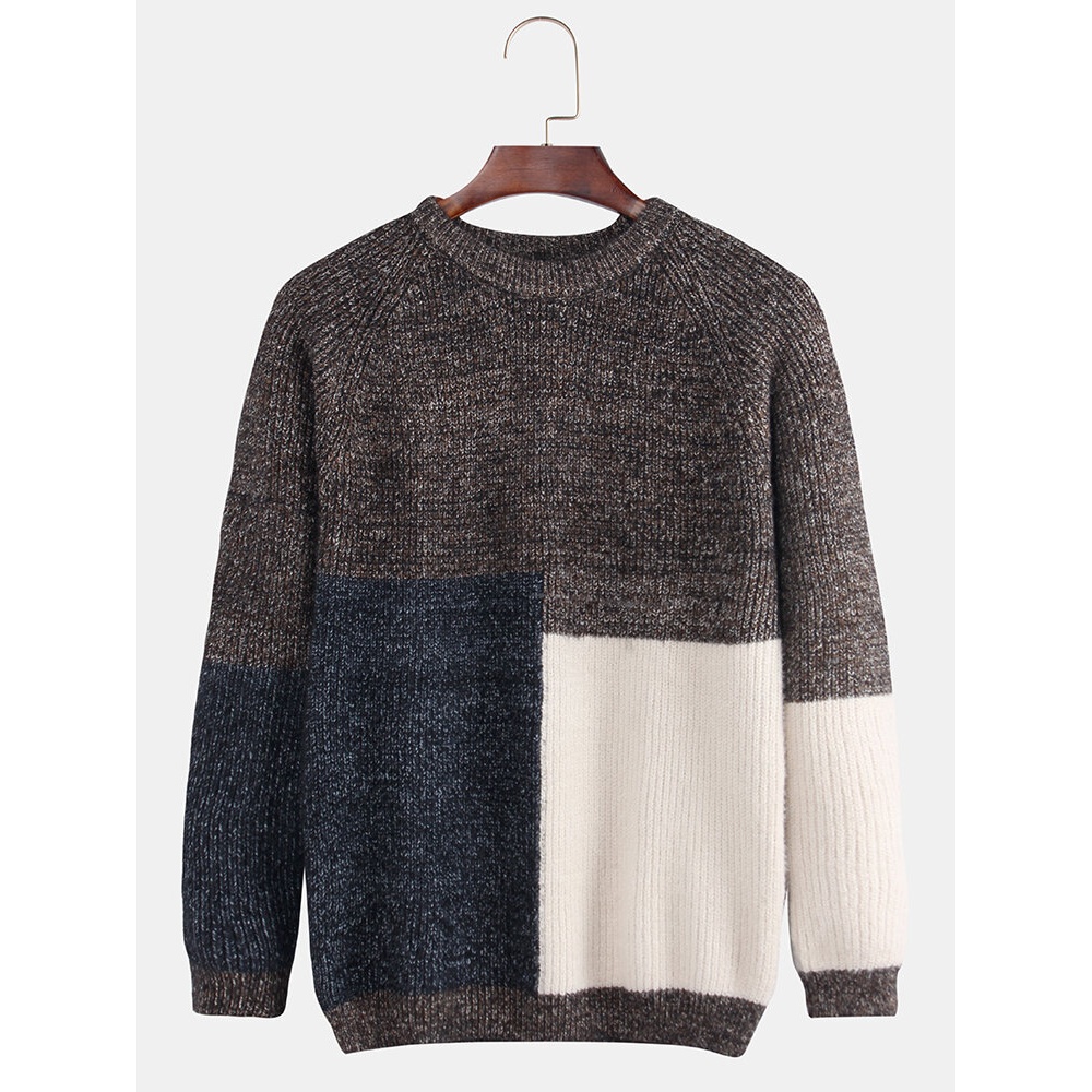 Men's Round Neck Trend Fashion Loose Thick Stitching Contrast Color Sweaters - XL Coffee