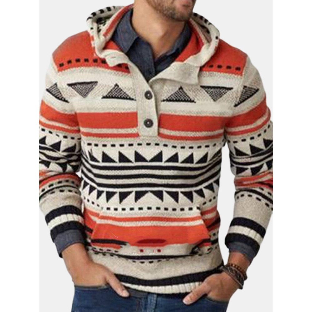 Mens Vintage Tribal Geometric Pattern Knitted Half Button Front Hoodie Sweaters - Red S