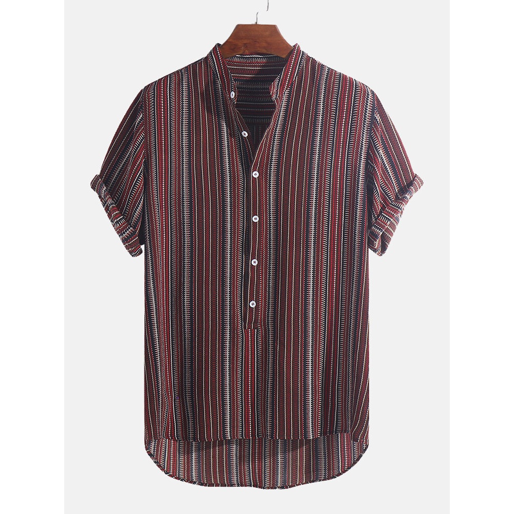 Mens Ethnic Stripe Buttons Fly Breathable Short Sleeve Casual Holiday Henley Shirts - XL Purple