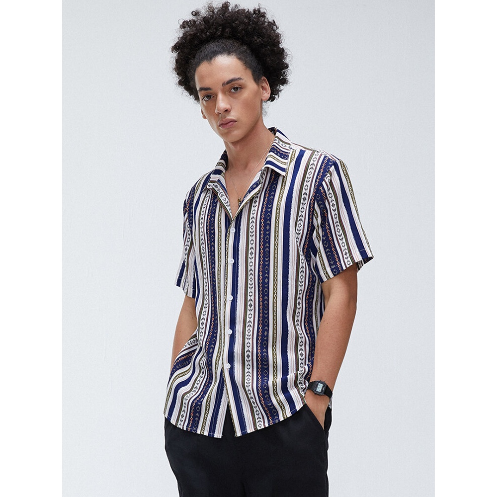 Mens Stripe Ethnic Style Turn Down Collar Short Sleeve Casual Shirts - 3XL Blue
