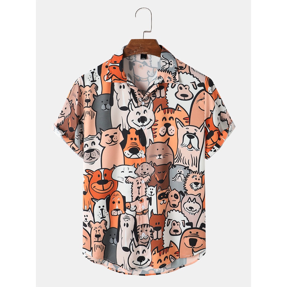 Mens Cat Cartoon Pet Animal Printed Cute Shirts - Multicolor XL