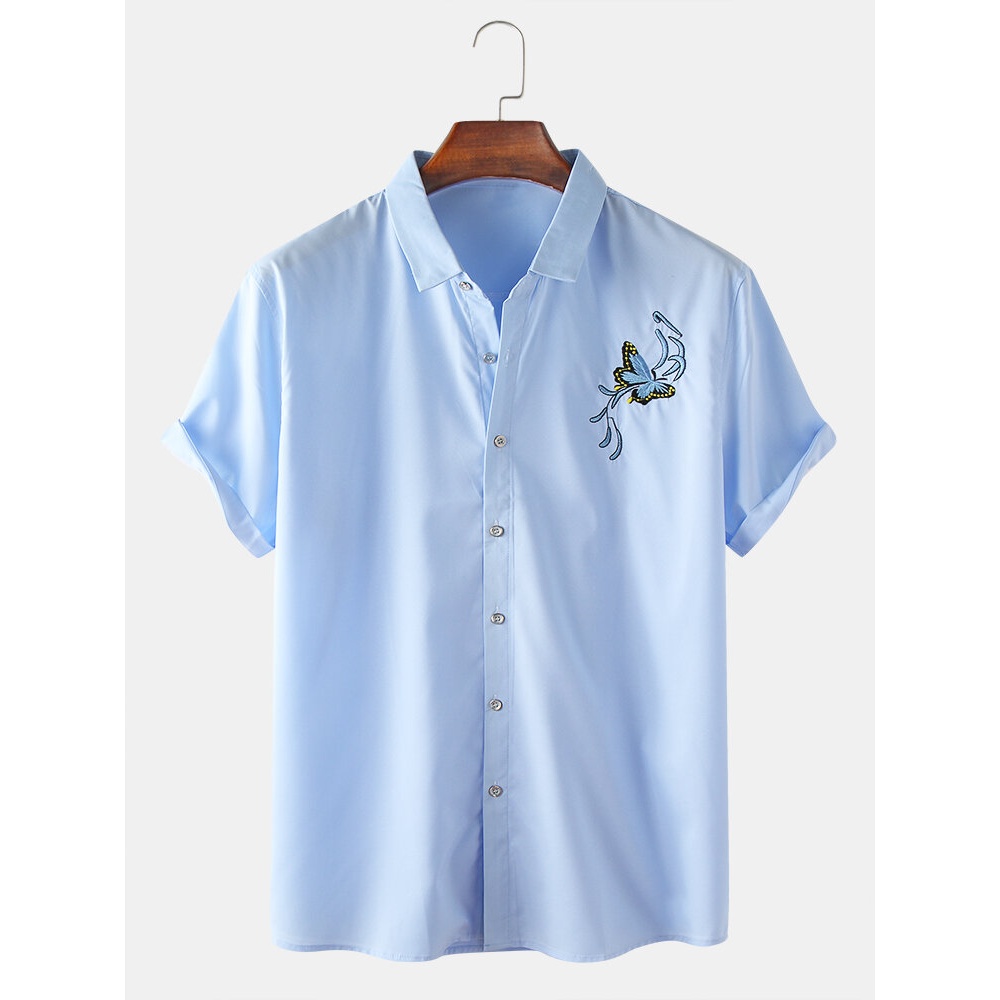 Mens Butterfly Embroidery Button Up Short Sleeve Casual Shirts - Navy L