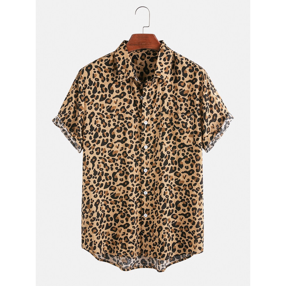 Mens Cotton Leopard Print Casual Lapel Collar Short Sleeve Shirts - Green XL