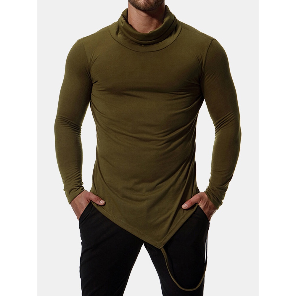 Men's Autumn Cotton Blend High Collar Slim Long Sleeve Solid Color Casual T-shirts - S White