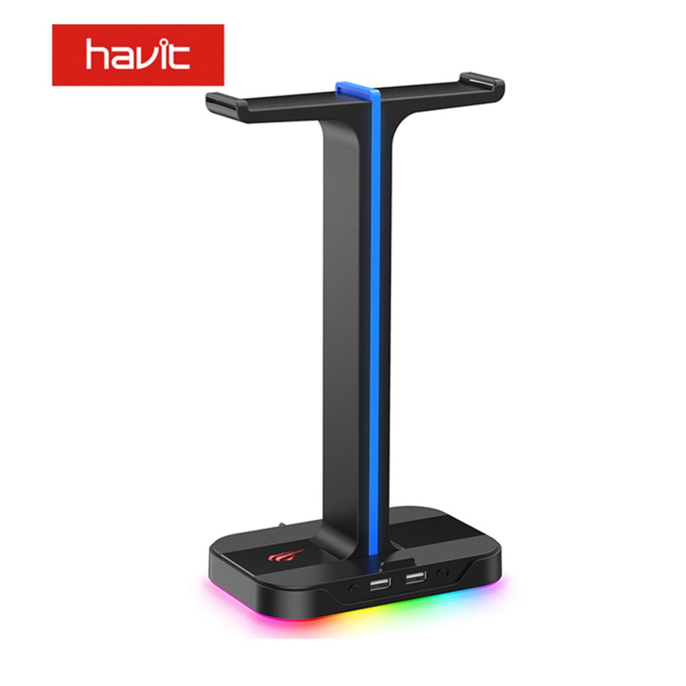 Havit TH650 RGB Gaming Headphone Stand Dual Headset Hanger Holder with Phone Holder & 2 USB Charger for Desktop PC Game Earphone - Black - Image 2