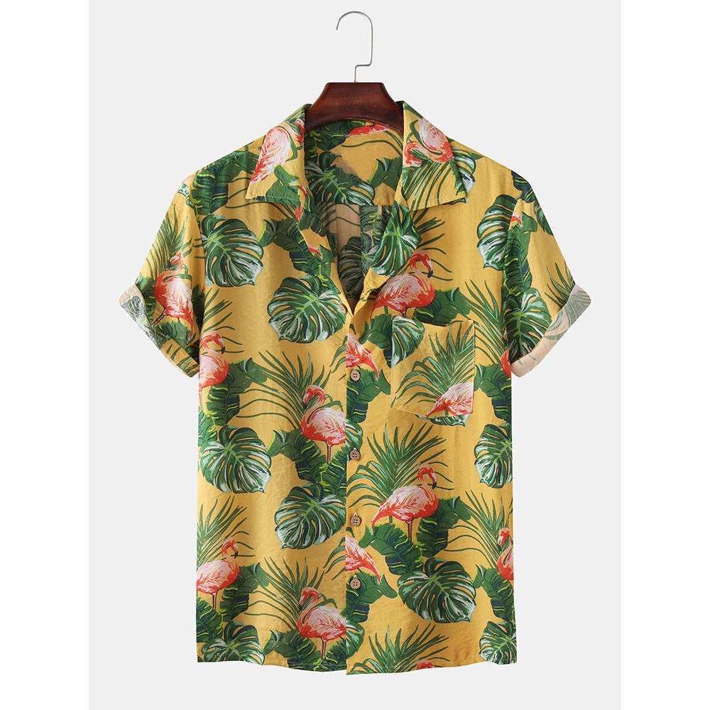 Men Flamingo Printed Chest Pocket Botton UP Turn Down Collar Hawaii Beach Short Sleeve Shirts - Yellow S