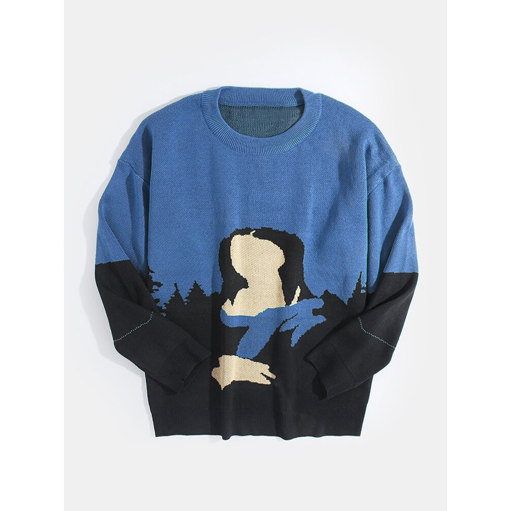 Mens Knit Abstract Figure Pattern Cotton Pullover Casual Round Neck Sweaters - M Green