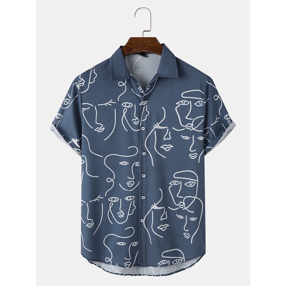 Mens Casual Face Line Pattern Lapel Button Up Shirts - Blue M