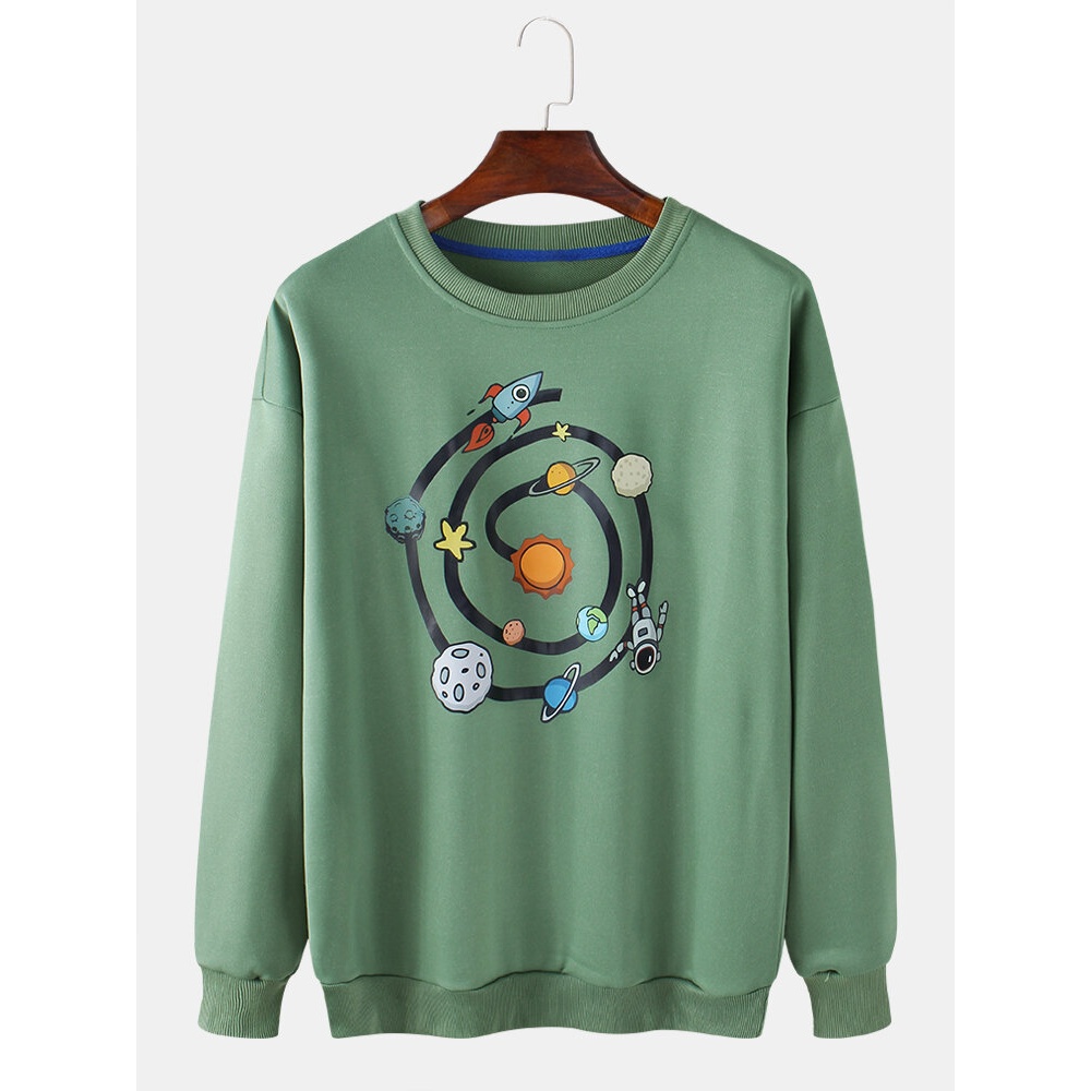 Mens Cotton Cartoon Rocket Planet Print Pullover Round Neck Long Sleeve Sweatshirts - White L