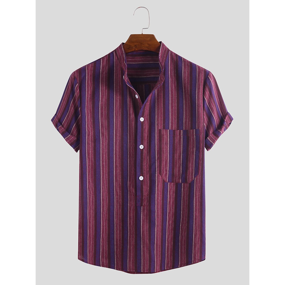 Mens Summer Casual Cotton Chest Pocket Striped Shirts - 2XL Red