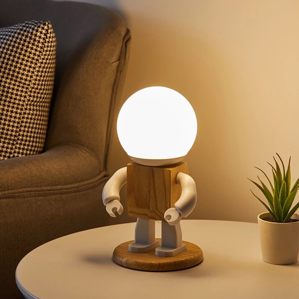 LED Cute Robot Table Light Nordic Modern White Wood Table Lamp Kids Baby Girl Boy Children Bedroom Bedside Mini Night Lights - Plug-in button switch