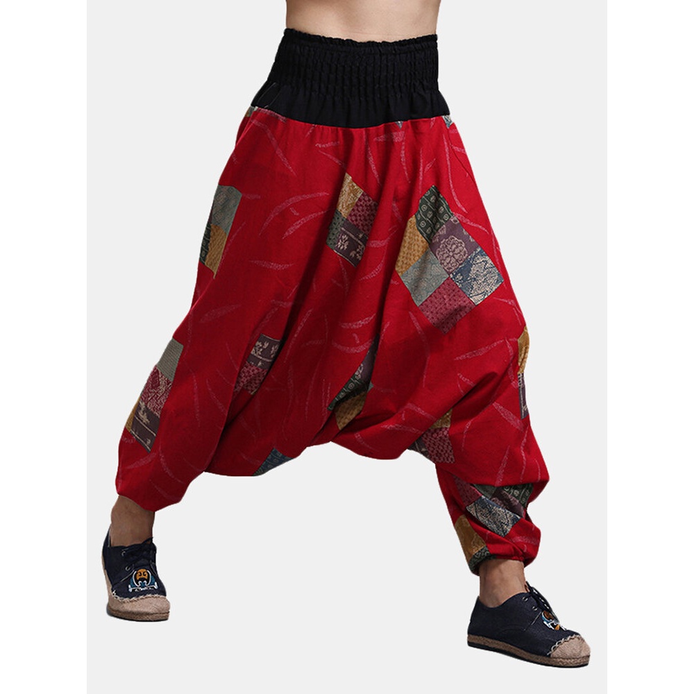 Men's Ethnic Style Printed Loose Wide Leg Pants - One Size Red