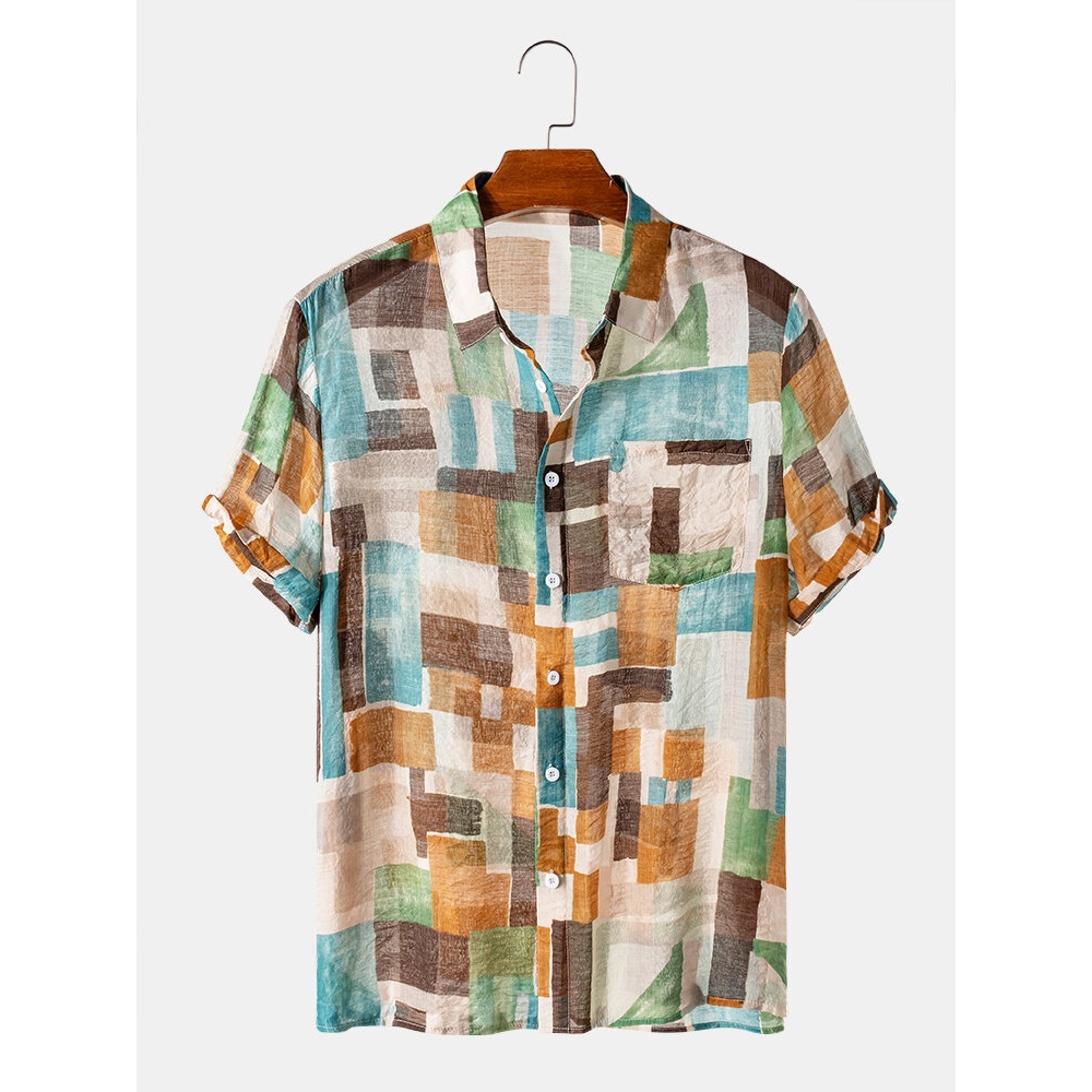 Mens Color Block Patchwork Turn Down Collar Short Sleeve Shirts - Green 2XL