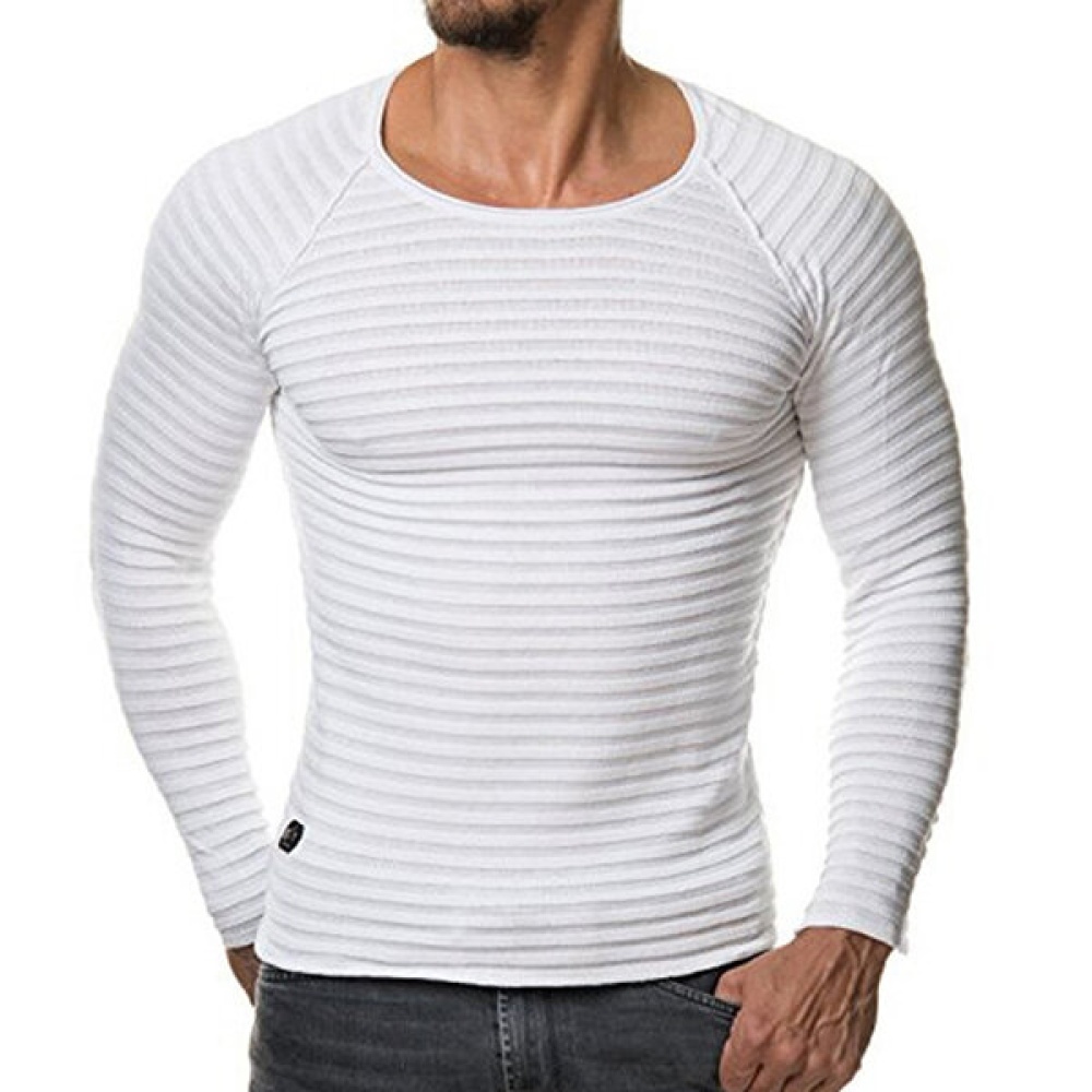 Mens Striped Folds Solid Color Round Neck Long Sleeve Slim Fit Casual T-Shirts - S Gray - Image 2