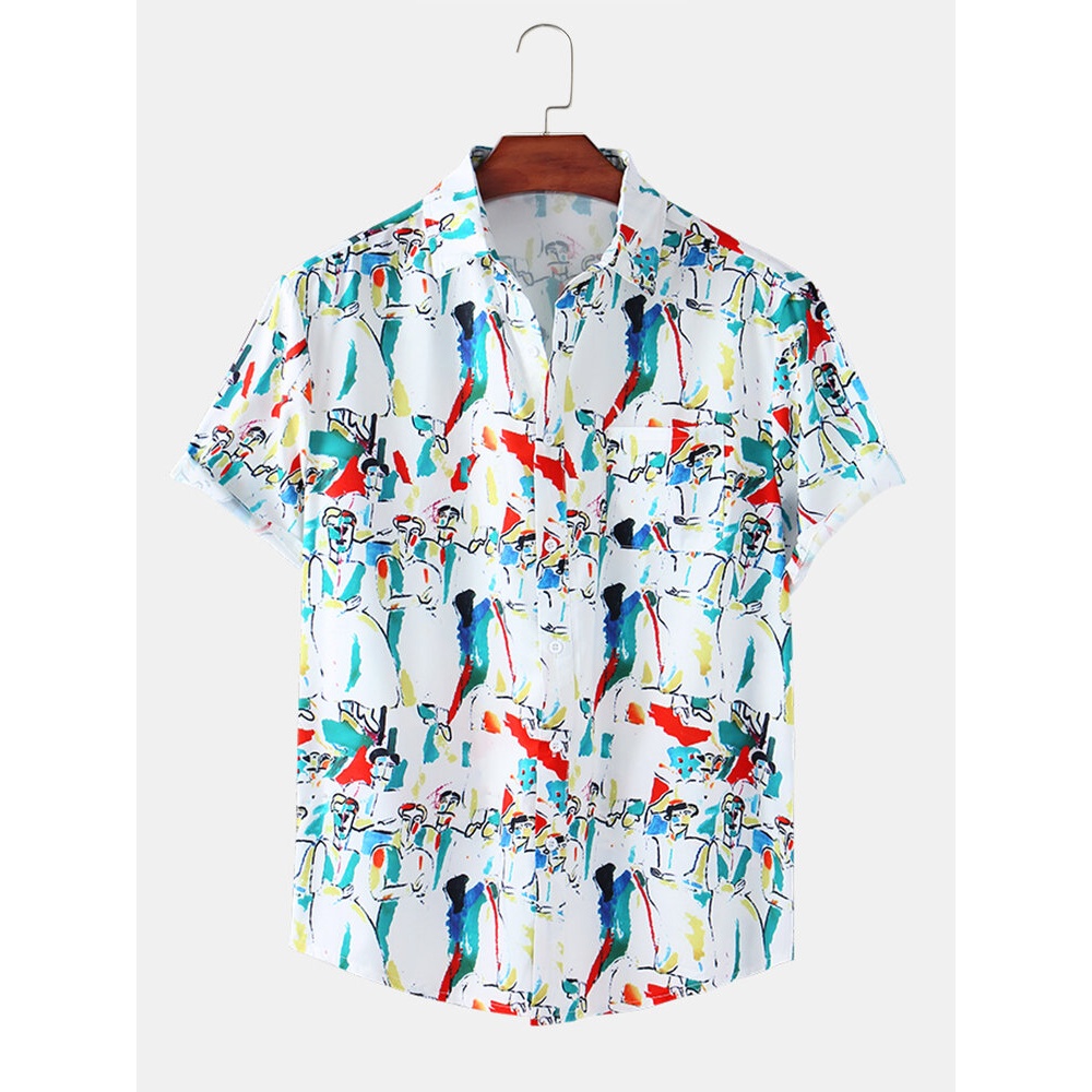 Mens Abstract Graffiti Print Lapel Collar Casual Short Sleeve Shirts With Pocket - White S