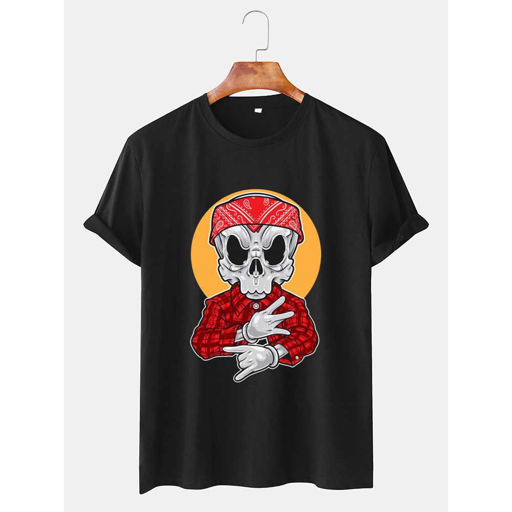 Banggood Special Offers Cotton Cartoon Skull Print Crew Neck Short Sleeve T-Shirts - Black S