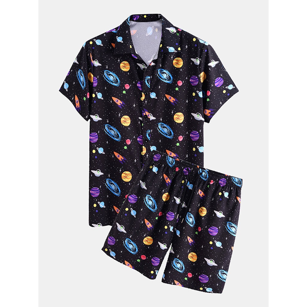 Mens Cartoon Galaxy Print Lapel Collar Short Sleeve Drawstring Casual Shirts Shorts - Black L