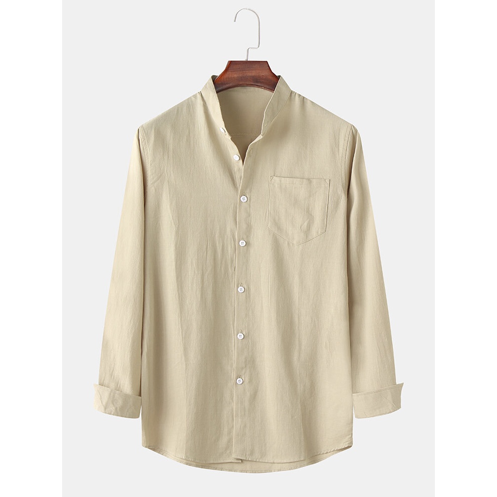 Men Solid Color Stand Collar Pactchwork Pocket Long Sleeve Shirts - Khaki XL