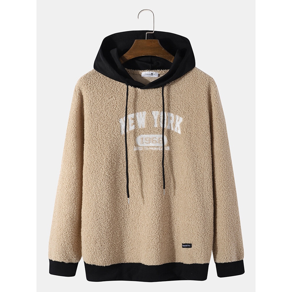 Men Fleece Patchwork Contrast Letter Patch Hem Drawstring Hooded Sweatshirt - Khaki S