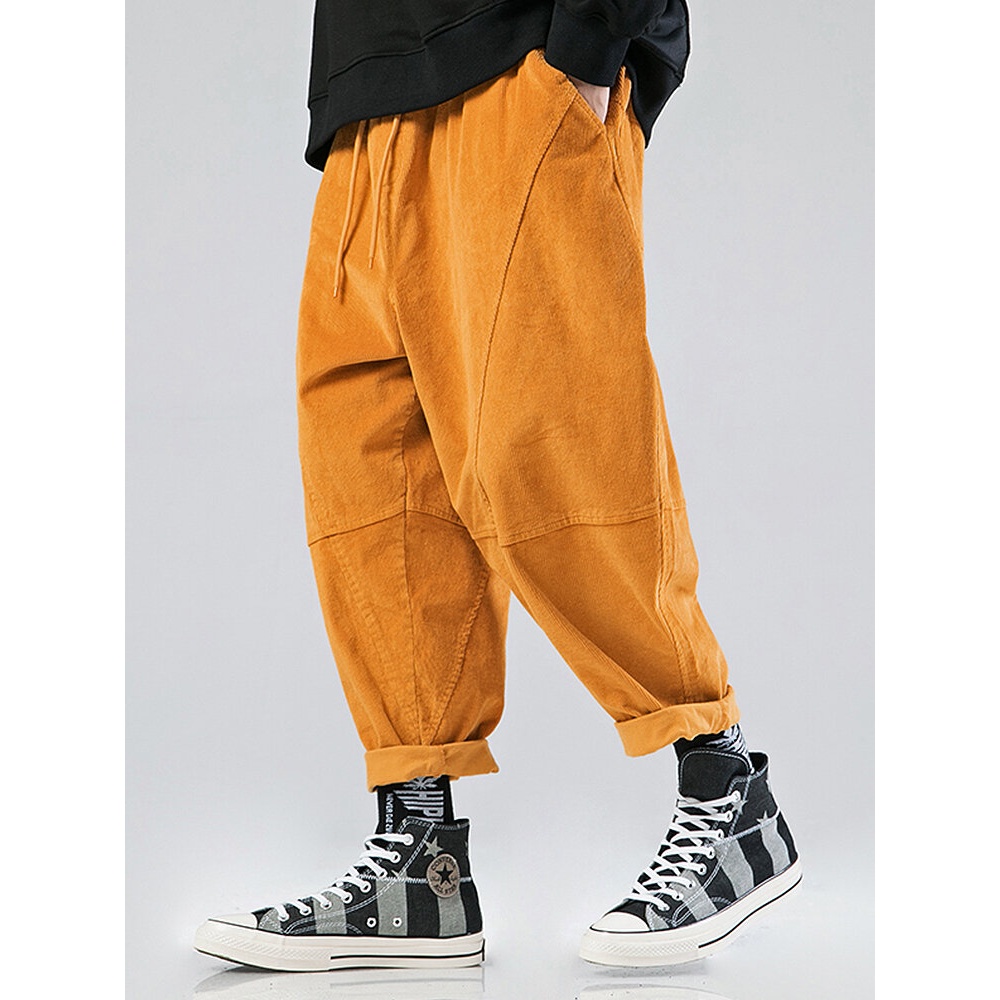 Mens Solid Color Corduroy Multi Pocket Loose Drawstring Pants - Yellow S