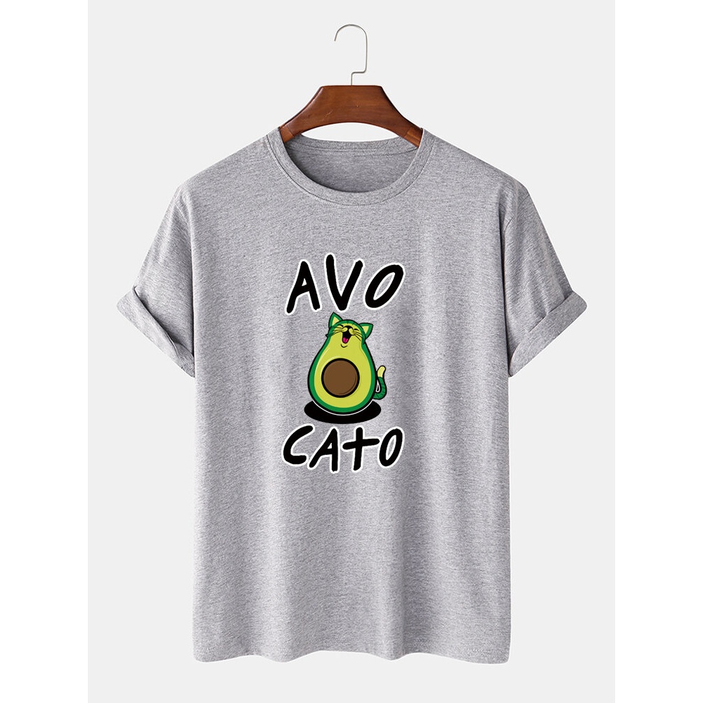 Men 100% Cotton Loose Funny Cartoon Avocado Printed Short Sleeve Casual T-Shirts - Black S