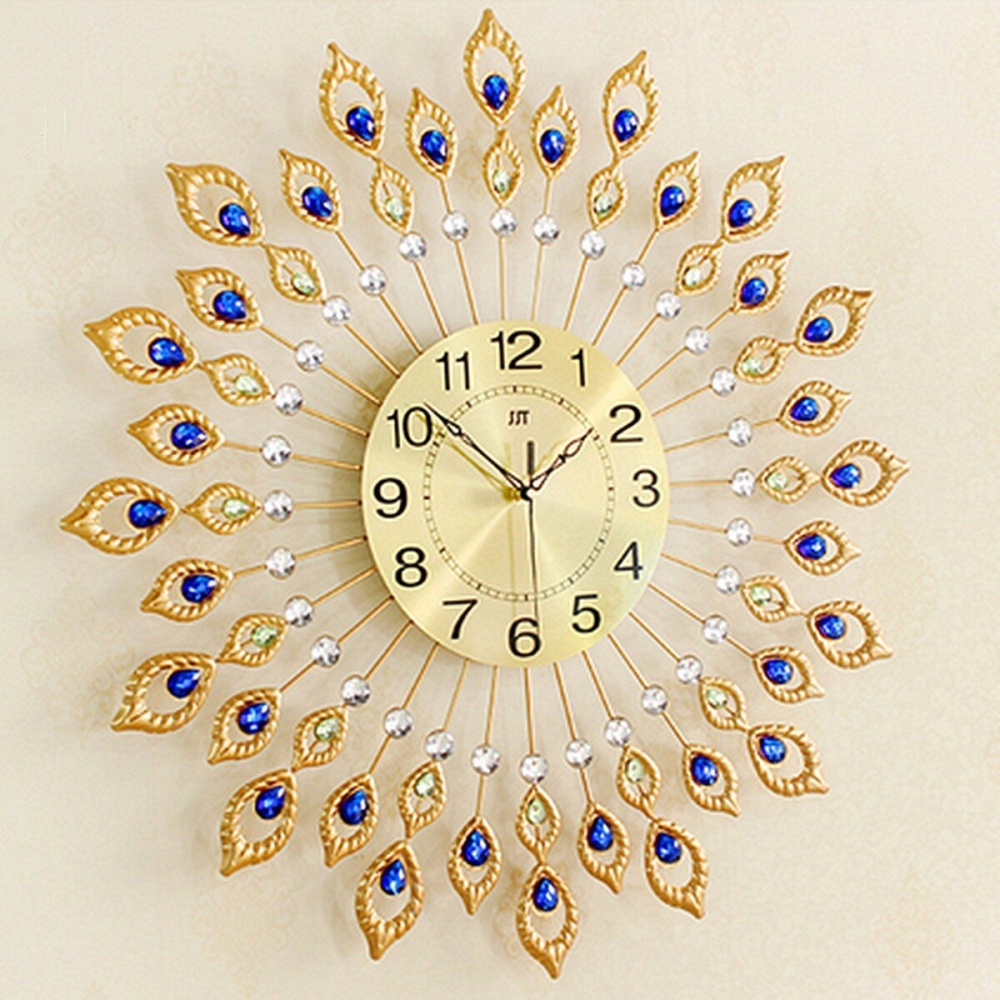 67CM Luxury Peacock Diamond Iron Art Wall Clock Living Bed Room Watch Home - Image 2