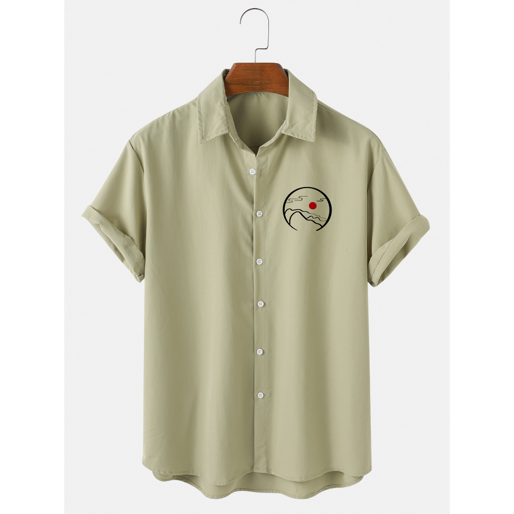 Mens Landscape Chest Print Lapel Cotton Plain Short Sleeve Shirts - Grey L