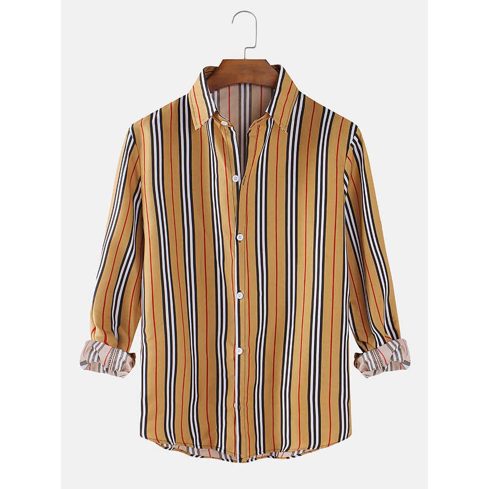 Colorful Vertical Stripes Button Up Long Sleeve Design Shirts For Men - Red XL