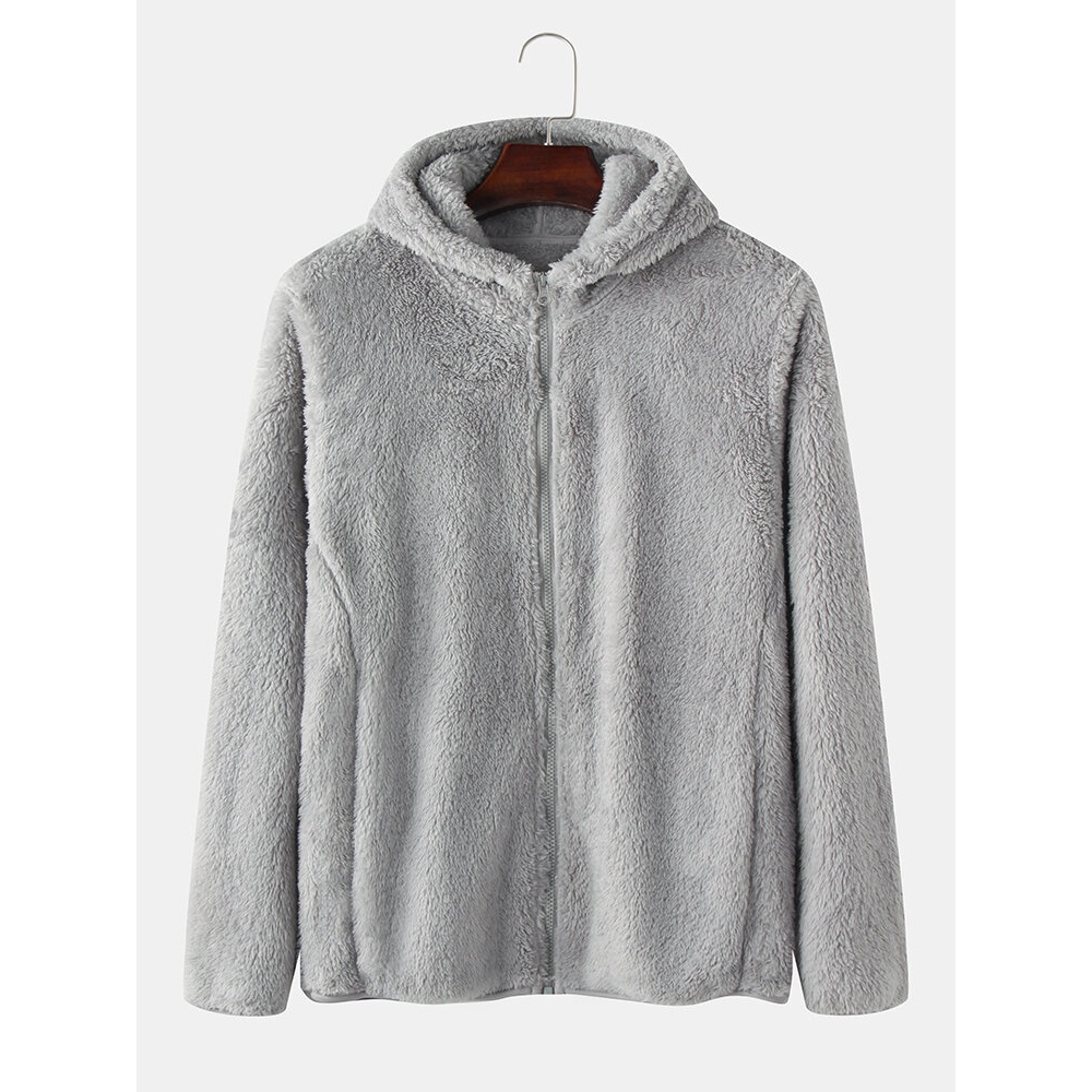 Mens Solid Color Fluffy Plush Long Sleeve Zipper Hoodie Jacket - XL Sky Blue