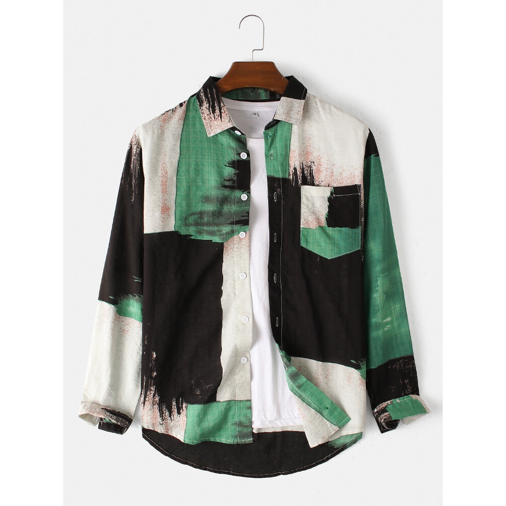 Mens 100% Cotton Tie-Dye Print Color Block Long Sleeve Casual Shirts - Green S