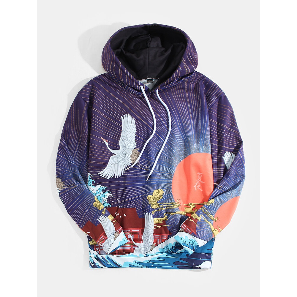 Mens Ukiyoe Ethnic Style Landscape Print Kangaroo Pocket Hoodies - XL Dark Blue