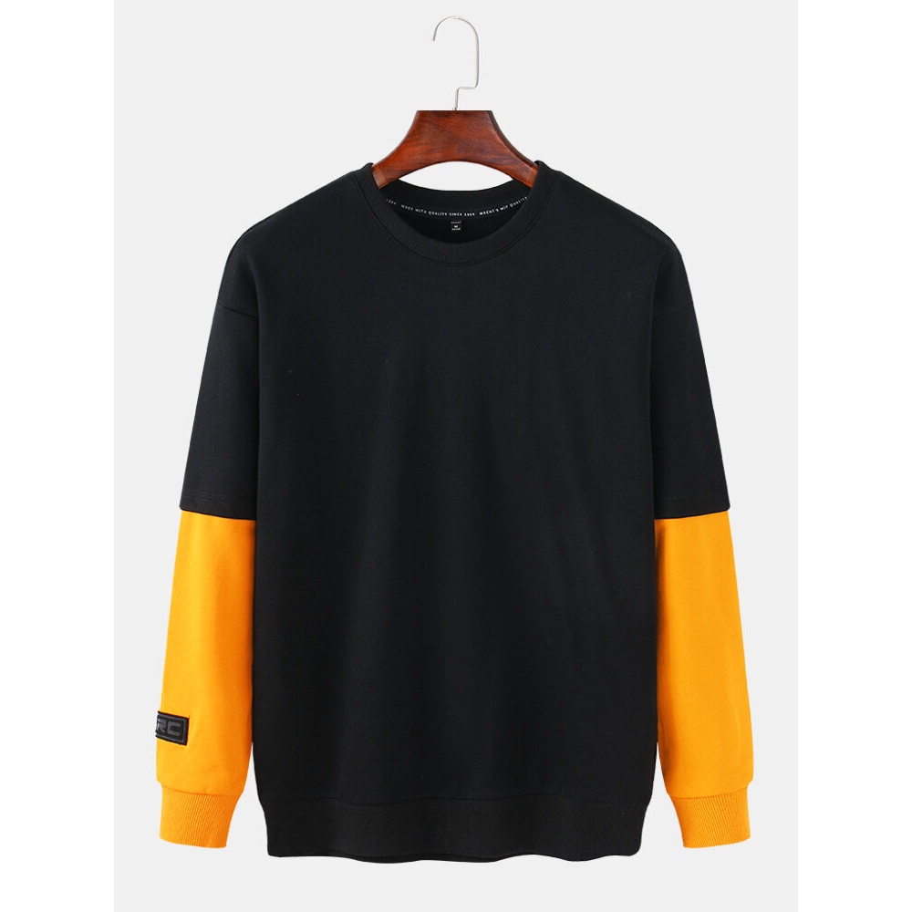 Cotton Mens Patchwork Loose Casual Round Neck Dropped Shoulder Long Sleeve Sweatshirt - White S