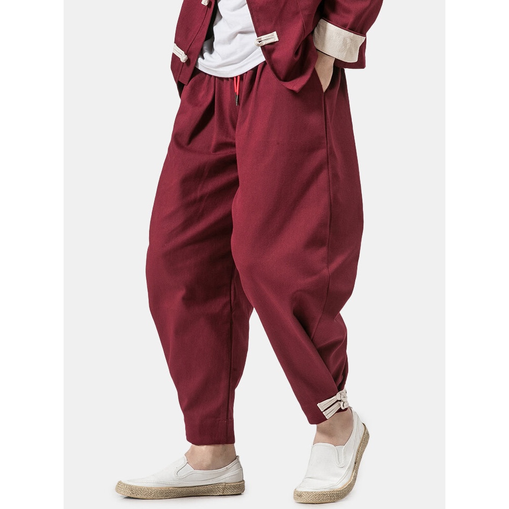 Men's Chinese Style New Loose Harem Cotton Casual Fashion Feet Solid Color National Wind Linen Pants - 3XL Black