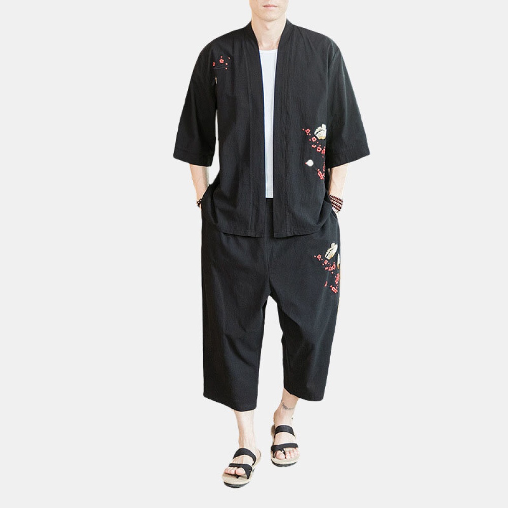 Men Printed Ethnic style Casual Solid Color Suits - XL Black