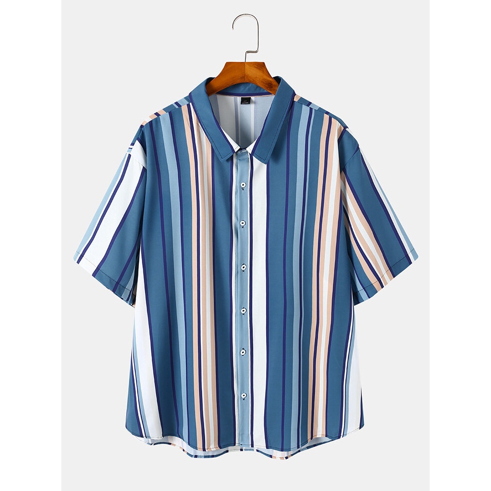 Mens Plus Size Striped Casual Fashion Button Up Shirts - Blue 3XL