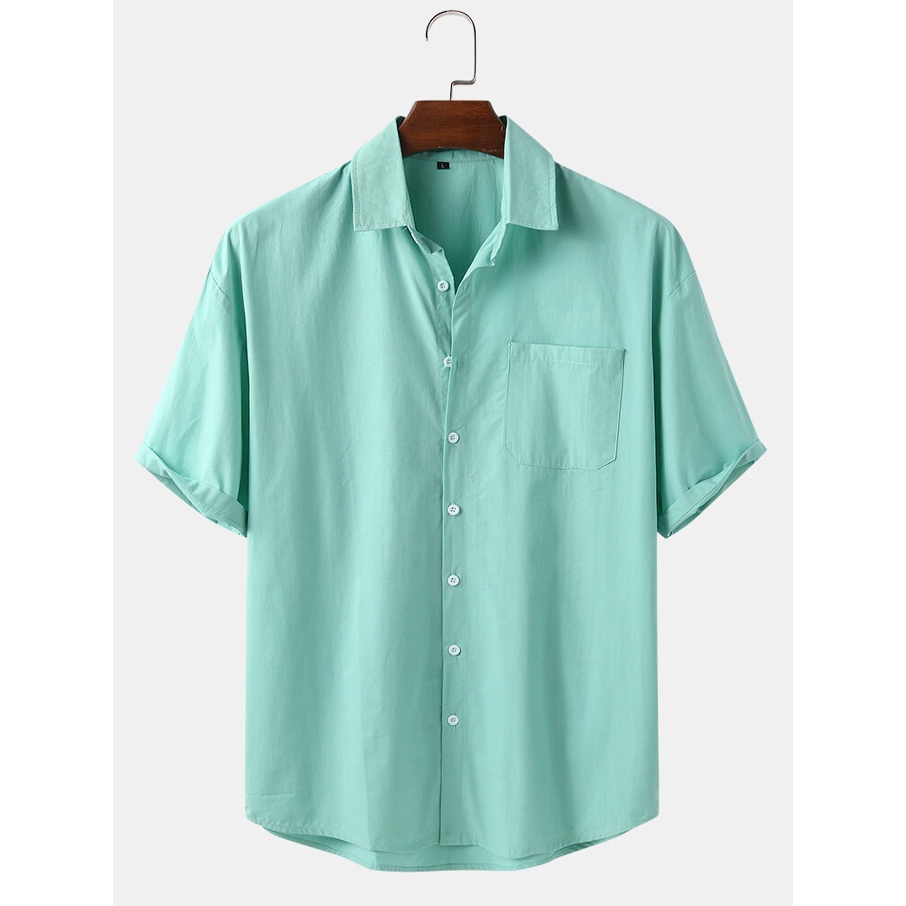 Mens Solid Color Cotton Breathable Lapel Collar Short Sleeve Casual Shirts - White XL