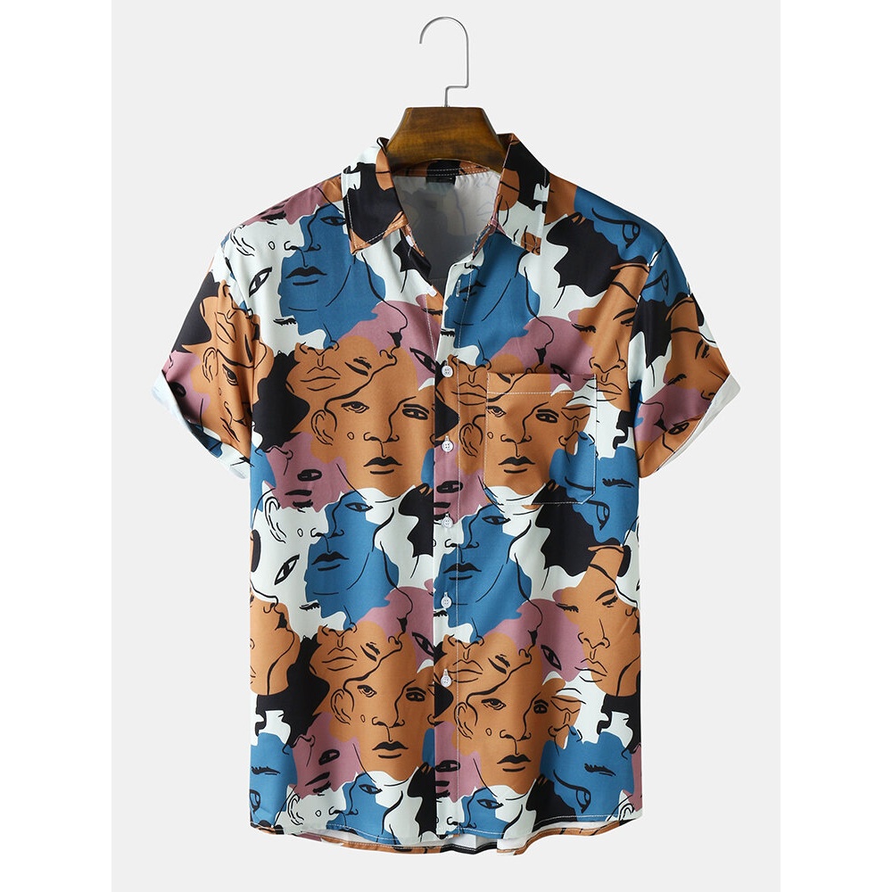 Mens Casual Abstract Figure Face Print Street Shirts - Multicolor L