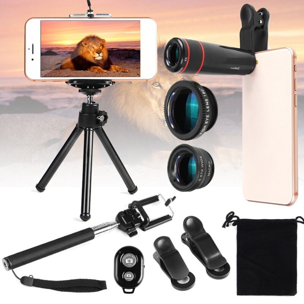 Portable 8X 12X Telephoto Phone Lens Kit Wide Angle Macro Fish Eye Lens with Selfie Stick Monopod - .A - Image 2